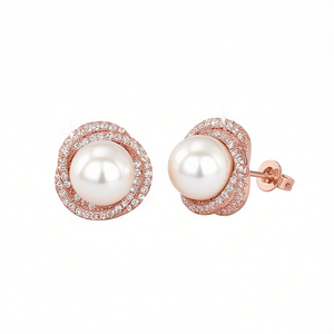 Orecchini a Perno E3079 Placcati in Oro Rosa con Perla Coltivata AAA Rotonda Bianca, Montatura a Castone, Gioielli Classici da Sposa per Donna - Product Image 1