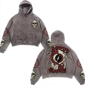 Custom 100% Cotton French Terry Streetwear Chenille Embroidery Patch Oversized Distressed Acid Wash Hoodie Men
