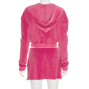 Nuova giacca corta e minigonna <span class=keywords><strong>in</strong></span> <span class=keywords><strong>velluto</strong></span> con 2 pezzi da <span class=keywords><strong>donna</strong></span> con cappuccio con tasca Zip e minigonna abbinati a due pezzi Casual - Product Image 3