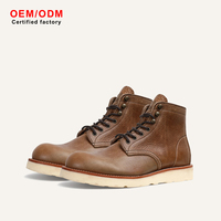 Bottes de travail montantes pour hommes en cuir pleine fleur, à bout uni, à lacets, avec construction Goodyear, semelle compensée crème, pour la randonnée et le trekking en extérieur