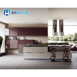 Lemari dapur putih dan ungu akrilik melamin Pvc lemari dapur Modern
