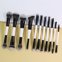 Nouvel ensemble de maquillage personnalisable de 11 pièces à double embout en nylon avec manche en bois pour le visage, le fond de teint, le fard à joues, la poudre libre et les fards à paupières