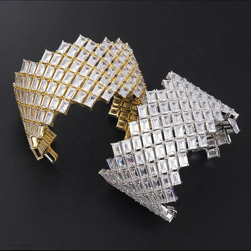 Pulseira de ouro com design banhado a 18k, luxuosa, diamante, zircônia, 925, prata de luxo, bracelete de baguete