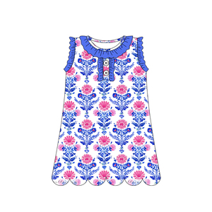 Vestido de Verano para Niña GSD3917, Estampado de Flores Rosas, Sin Mangas, Hasta la Rodilla, Algodón y Spandex, con Volantes, Venta al Por Mayor - Product Image 2