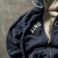 Sweat-shirt à capuche entièrement zippé doublé en sherpa personnalisé, extérieur en molleton bleu foncé, broderie de lettres en chenille, sweat-shirt chaud d'hiver
