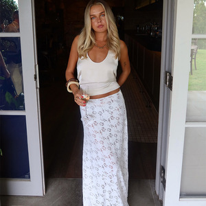 Jupe midi en dentelle pour femme, taille haute, couleur unie, transparente, mode estivale, coupe ajustée, blanc, noir, tissu polyester - Product Image 2