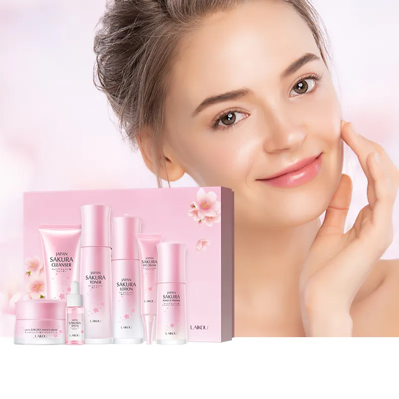 Laikou 7pcs sakura set regalo per la cura della pelle pulizia idratante non attaccare la pelle tenera brillante promuove l'assorbimento set per la cura della pelle di bellezza