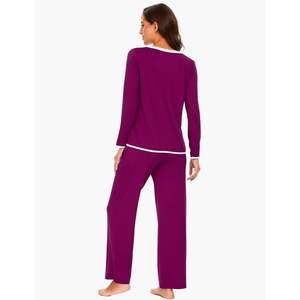 Ensemble pyjama en viscose de bambou personnalisé pour femmes, vêtements de nuit doux à manches longues, haut à col en V avec pantalon, vêtements de détente - Product Image 1