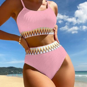 2025 dames deux pièces taille haute Bikini et maillots de bain maillots de bain pour femmes Sexy couleur unie logo personnalisé fournisseur - Product Image 4