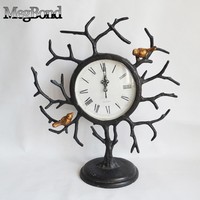 Horloge de bureau en bronze antique avec motif d'oiseau sur branche, style Art Déco, mouvement électronique à quartz, sonnerie horaire, affichage analogique, design personnalisé