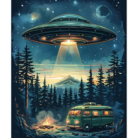 Peinture Diamant AB à Perçage Complet, Motif Navire Spatial Extraterrestre au-dessus d'un Camping en Forêt, Art Mosaïque DIY en Strass pour Décoration Intérieure