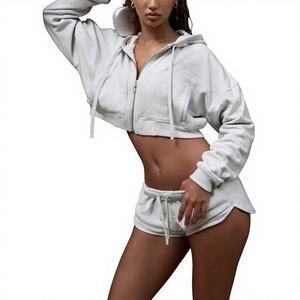 Damen 2-teiliges Set mit Kapuze Langarm-Oberteil und Shorts Einfarbig Sport Casual Mode Polyester Spandex Frühling Sommer - Product Image 1