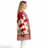 Cardigan grec à franges en acrylique tricoté, col châle, manches longues, grande taille, rouge et blanc, avec logo personnalisé, pour femme, chic et tendance, automne-hiver