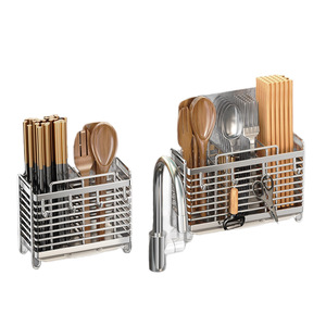 ที่วางตะเกียบติดผนังสแตนเลสทรงสี่เหลี่ยมพร้อมที่ระบายน้ำ ไม่ต้องเจาะ สำหรับจัดเก็บบนเคาน์เตอร์ครัว - Product Image 1