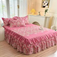 Ensemble de Draps de Lit Microfibre avec Jupe de Lit et Taies d'Oreiller, Parure de Lit à Imprimé Floral avec Volants