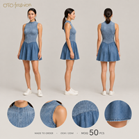 Robe mini sans manches bleue pour femme, col montant, effet denim, coupe évasée, taille froncée, décontractée, été, personnalisable OEM