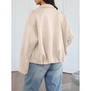 Womens Faux <b>Suede</b> <b>Bomber</b> <b>Jacket</b> Oversized Zip Up Cropped Windproof Fall Winter Motorcycle Coat Full Sleeve Light Weight - Product Image 4