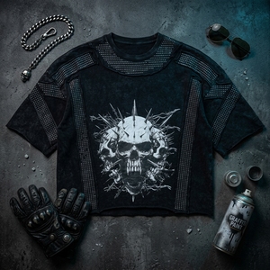 Camiseta de hombre con calavera de diamantes de imitación y lavado ácido de 280 g, 100% algodón, estilo urbano, transpirable, ecológica, para minoristas de comercio electrónico global, MOQ - Product Image 1