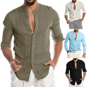 Custom No Label Blank Cotton Linen Work Shirts For Men Long Sleeve