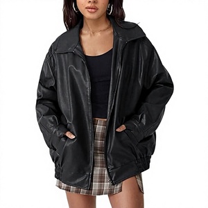 Chaqueta Bomber de Cuero PU para Mujer, Color Sólido, Cuello Camisero, Manga Larga, Cierre de Cremallera, Ropa de Otoño - Product Image 1