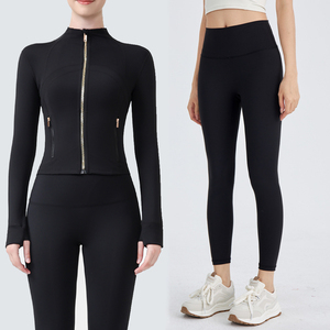Fashionable High Quality Gold Zipper Women Set <b>Yoga</b> Set Leggings Cropped <b>Jacket</b> for Gym Sports Casual and Daily - Product Image 1