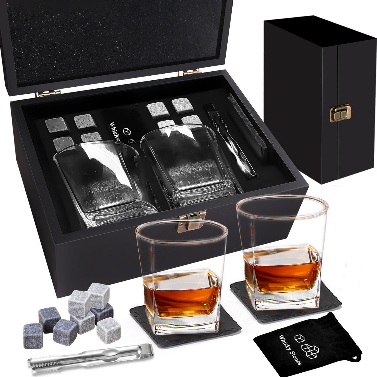 Boîte en bois noire 2 tasses 8 pierres (sous-verre en ardoise pour tasse carrée)