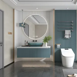Lavabo de baño gabinete de lujo con lavabo tocador de baño impermeable conjunto moderno lavabo de Baño azul de madera flotante con tocador