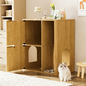 Mueble para arena de gatos de madera clara de 31.5 pulgadas con árbol para gatos, puertas dobles y almacenamiento - Product Image 5