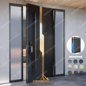 Porte d'entrée moderne en aluminium moulé avec design soleil couchant et panneaux latéraux entièrement vitrés – Entrée principale de luxe - Product Image 3