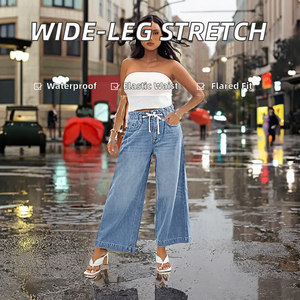 Women's Wide-leg Denim <b>Jeans</b> Stretch High <b>Elasticated</b> Waist Pencil Pants Loose Waterproof Quick Dry High Street Y2K - Product Image 2