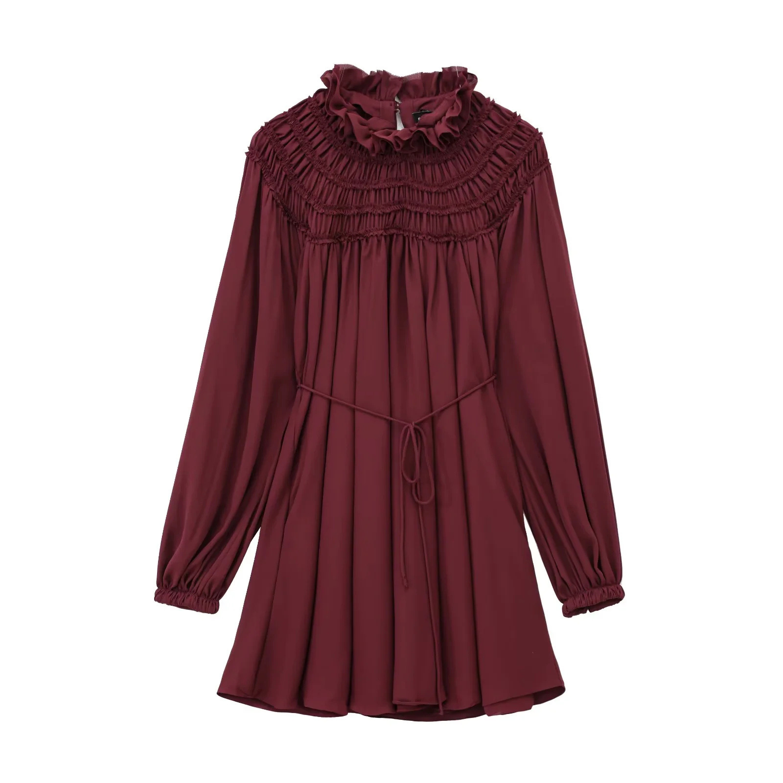 high neck flowy mini dress Victorian Ruffled Women Smocked Natural Waist Tie Long Sleeve Boho Office Elegant Wine Red Poplin 5CMBH