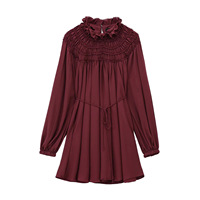Robe Courte Victorienne à Col Montant et Volants pour Femme, Taille Naturelle Froncée avec Nœud, Manches Longues, Style Bohème, Élégante pour le Bureau, Rouge Bordeaux Fluide en Popeline