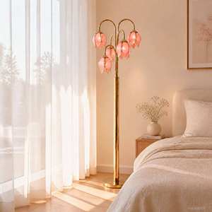 5-Head Flexible Modern Pink Tulip <b>Glass</b> Floor <b>Lamp</b> with Brass Base DC Powered E26 Bedside Light for Bedroom Living Room Hotel - Product Image 6