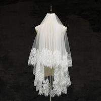 Voile de mariée classique RESV27 à 2 niveaux, courte, en dentelle, faite à la main, ornée de strass, avec peigne, blanc et ivoire, 100 % polyester