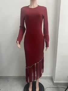 Vestidos de Moda para Mujer, Ajustados, de Color Sólido, Manga Larga, Cuello Redondo, con Flecos en el Bajo - Product Image 6