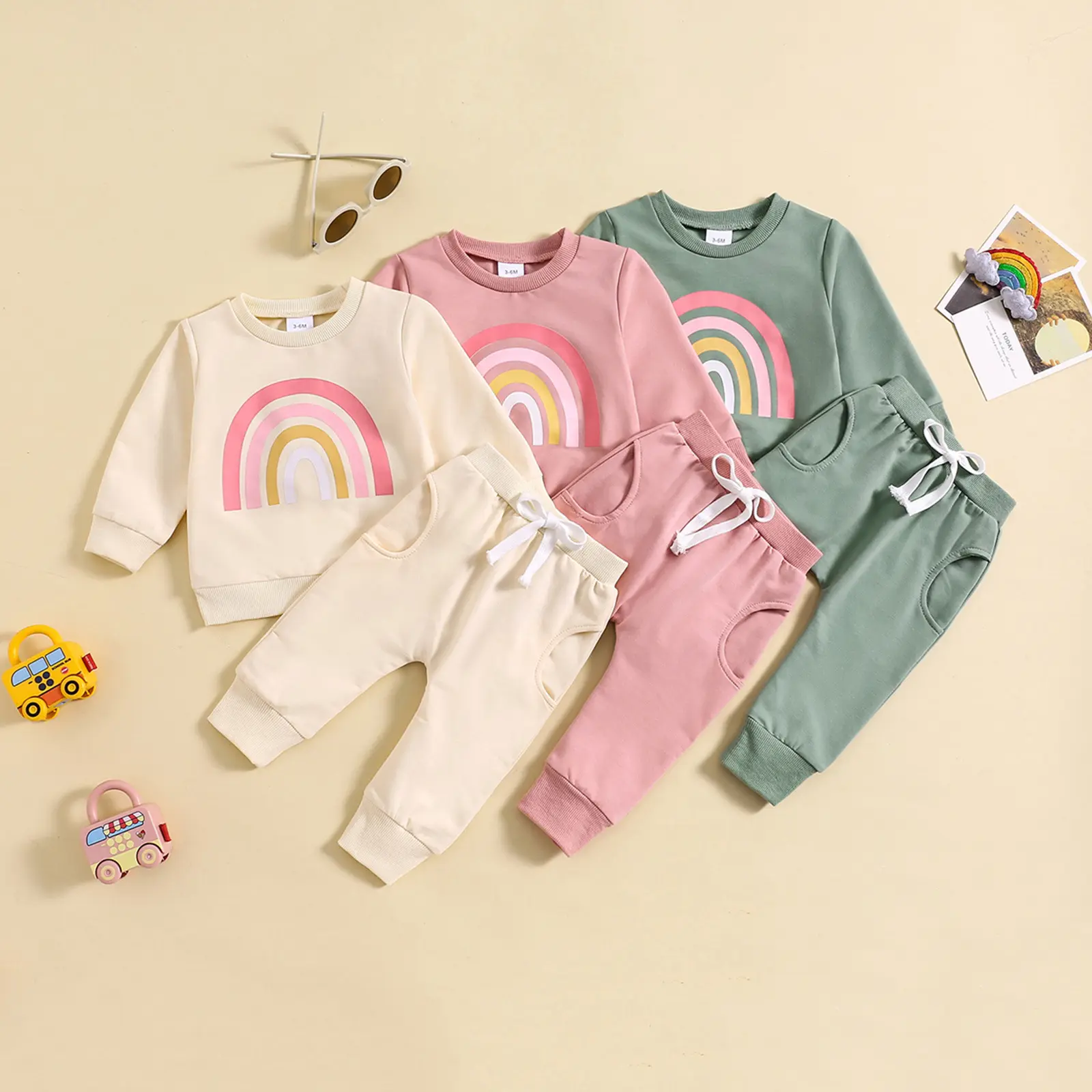 Kinderpak 0-3 Meisjeskleding Regenboog Trui Met Lange Mouwen Modieuze Jongens Bovenkleding Joggingbroek