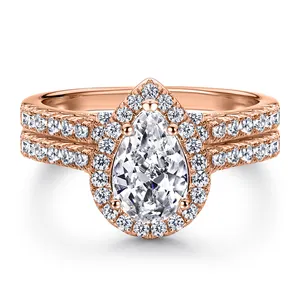 Benutzer definierte Roségold Ring Sets Wasser tropfen förmige Diamant nicht verblassende Schmuck Frauen Versprechen Goldringe Sets für Paare