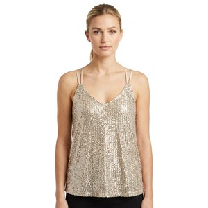 Top da donna con paillettes color champagne, scollo a V, vestibilità ampia, con doppia spallina sottile e schiena a Y, foderato, senza maniche, per feste - Product Image 1