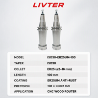 Porte-outils LIVTER ISO30-ER25UM-100 revêtu antirouille pour machine à découper les panneaux de bois