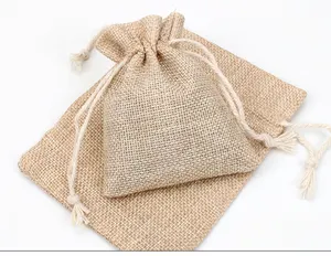 定制标志环保黄麻防尘袋棉麻拉绳包装袋平纹细布派对礼品拉绳袋