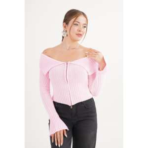 Cardigan en tricot rose à col Madonna avec fermeture éclair intégrale, motif uni, décontracté, hiver/automne, vente en gros - Product Image 3