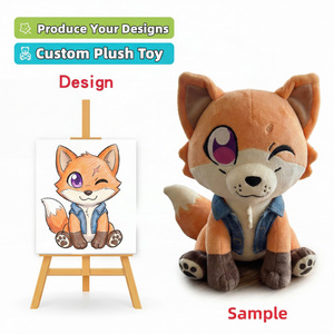 Fournisseur de jouets en peluche personnalisés : Mini <span class=keywords><strong>renard</strong></span> clignotant en gilet en jean, échantillon d'articles de chambre d'hôtel, animaux en peluche personnalisés - Product Image 1