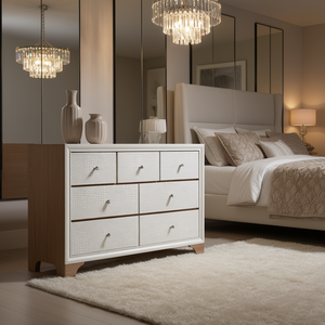 Commode moderne glamour à 7 tiroirs, motif crocodile en relief, bois blanc, meubles de chambre à coucher - Product Image 2