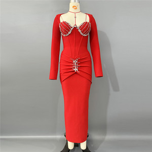 Vestido Midi Corsé con Cristales para Mujer - Vestido de Noche Elástico con Cintura Fruncida y Manga Larga - Product Image 3