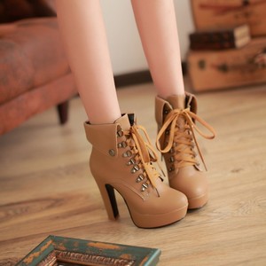 Zapatos elegantes para mujer, botines de piel sintética color caqui con suela de plataforma y tacón de aguja con cordones delanteros, para discoteca y uso diario. - Product Image 1