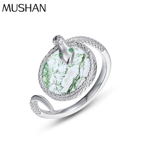 Anello in Pietra di Muschio Verde della Fabbrica di Gioielli MUSHAN, Anello Indice in Argento S925 con Agata Naturale e Serpente Divino Avvolto Intorno - Product Image 1