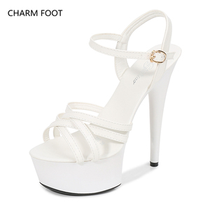 Modelo de artefacto de <span class=keywords><strong>pasarela</strong></span>, zapatos de tacón alto, cinturón cruzado de tacón fino, plataforma impermeable Sexy, Sandalias de tacón súper alto de 15cm Wo - Product Image 3