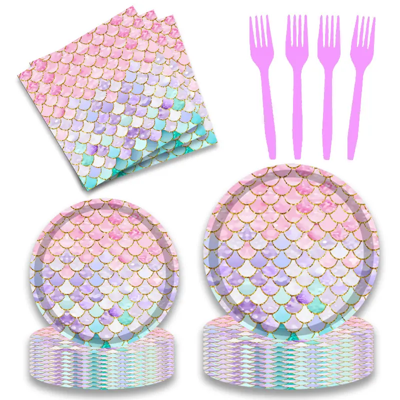 Palmy New Arrival Fish Scale Mermaid Birthday Party Supplies Paper Cups Paper Towels Paper Disposable Plates Tableware Set