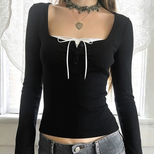 006 เสื้อผูกโบว์แขนยาวคอเหลี่ยมลายลูกไม้สไตล์ใหม่ - Product Image 3