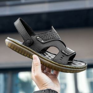 Sandales d'été pour hommes en cuir de vache, semelle souple et confortable, chaussures de plage, sandales plates à enfiler, grandes tailles - Product Image 3